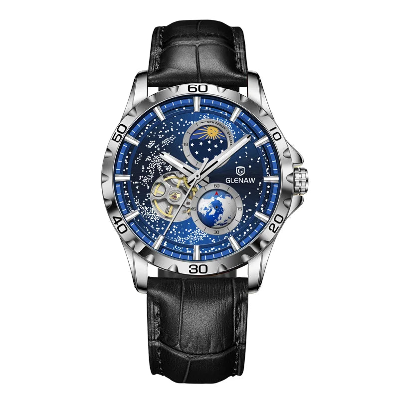 GLENAW Moon Phase Skeleton Automatic Watch – Stainless Steel
