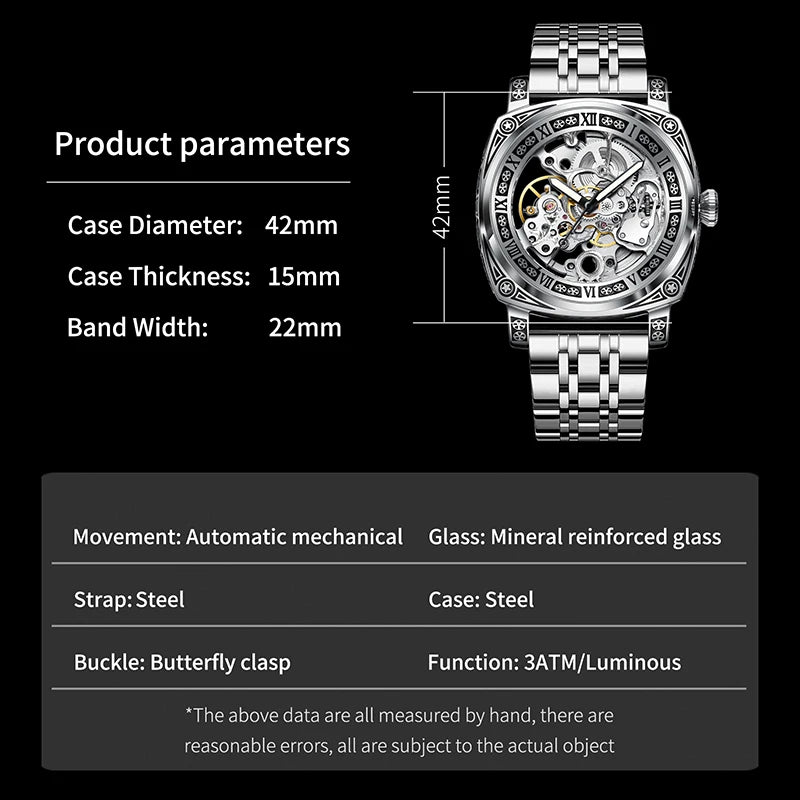 GLENAW Skeleton Men’s Watch – Auto, Steel, Waterproof