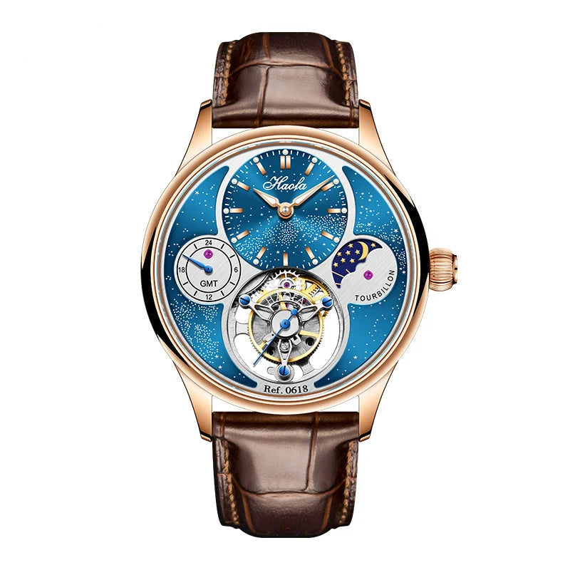 Haofa 0618 GMT Flying Tourbillon Men’s Watch – Skeleton Moon Phase Sapphire Smash Price Shop Men's Watch
