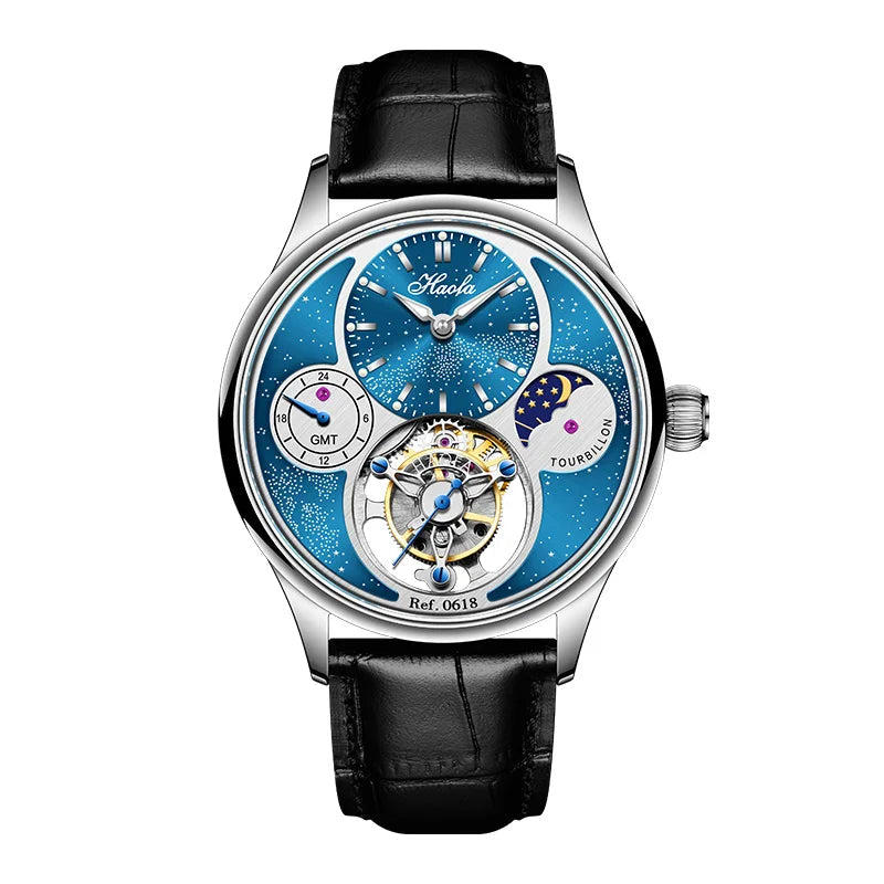 Haofa 0618 GMT Flying Tourbillon Men’s Watch – Skeleton Moon Phase Sapphire Smash Price Shop Men's Watch