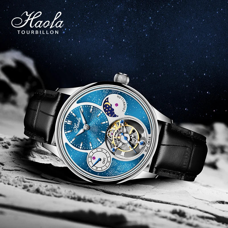 Haofa 0618 GMT Flying Tourbillon Men’s Watch – Skeleton Moon Phase Sapphire Smash Price Shop Men's Watch