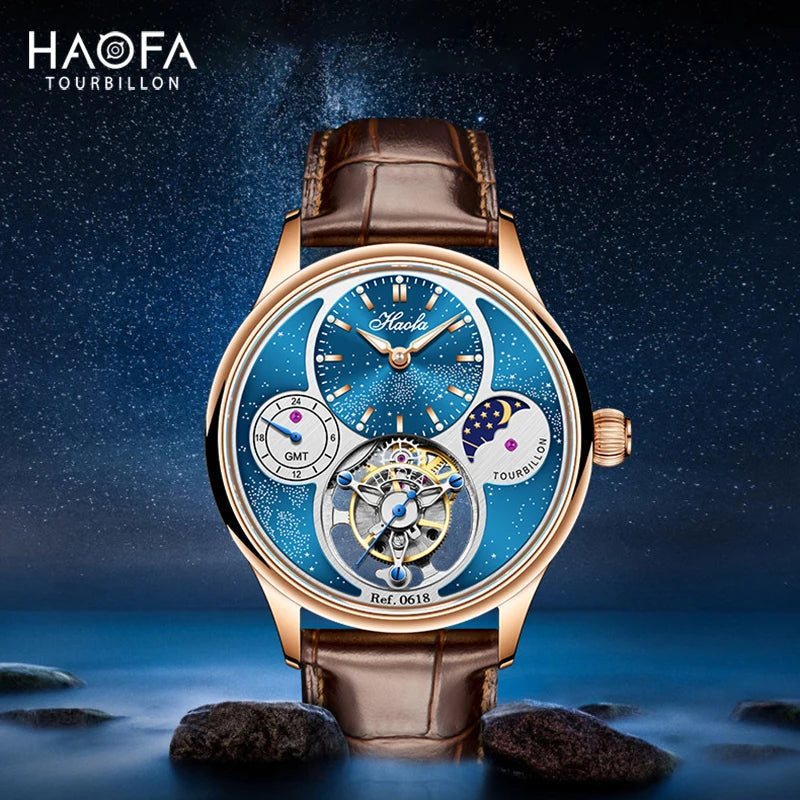 Haofa 0618 GMT Flying Tourbillon Men’s Watch – Skeleton Moon Phase Sapphire