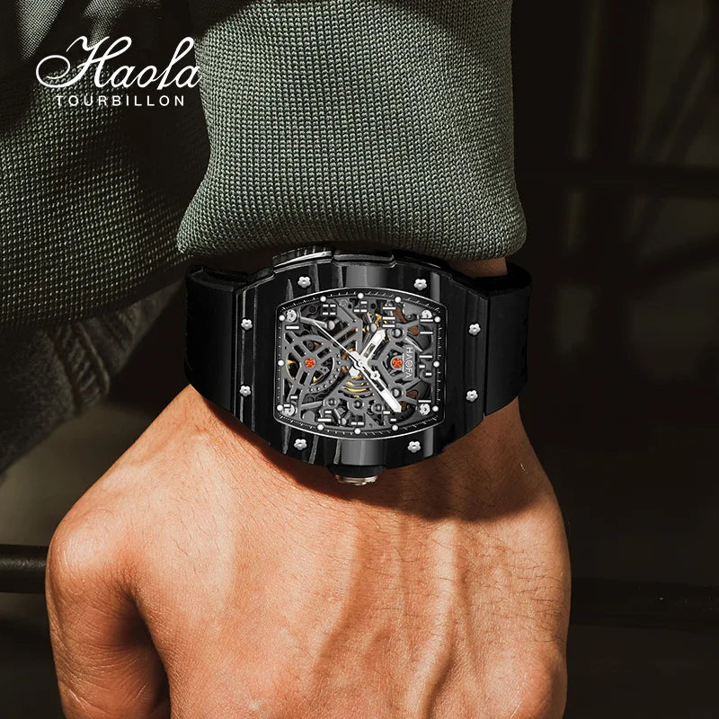 Haofa Men’s Automatic Skeleton Watch – Luminous Carbon Fiber