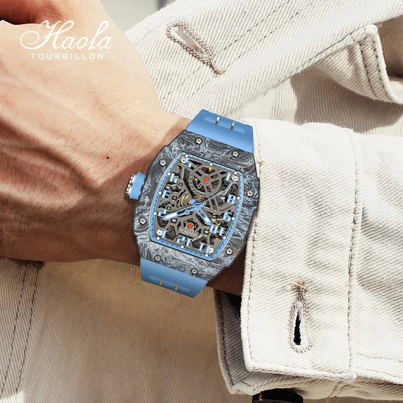 Haofa Men’s Automatic Skeleton Watch – Luminous Carbon Fiber