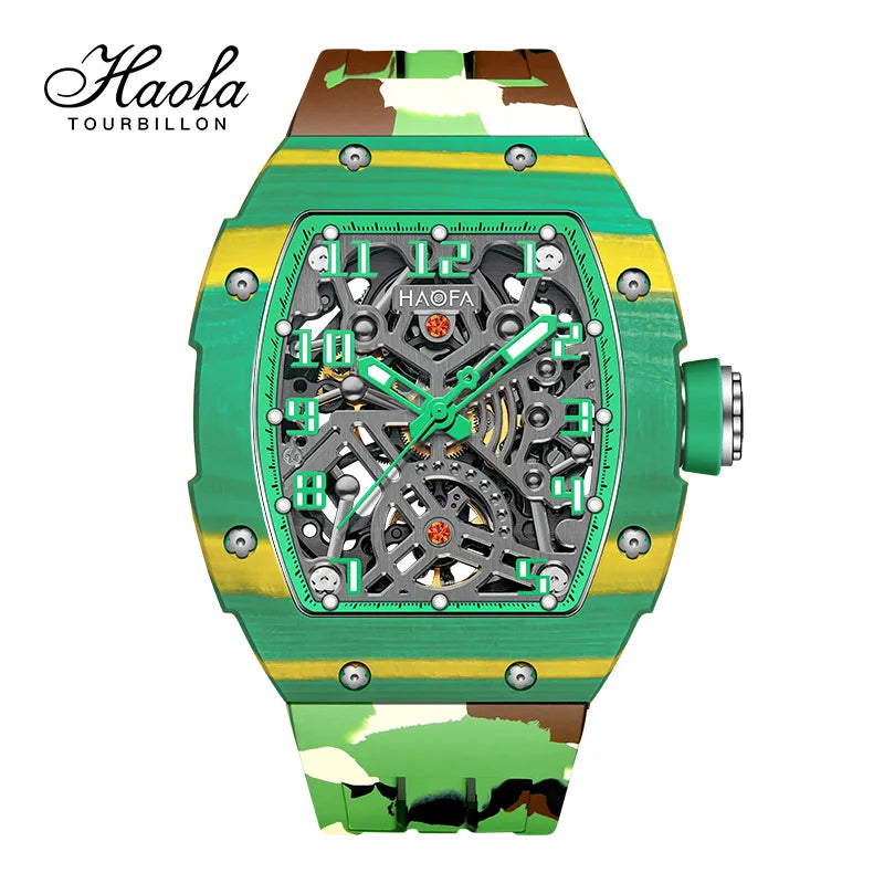 Haofa Men’s Automatic Skeleton Watch – Luminous Carbon Fiber