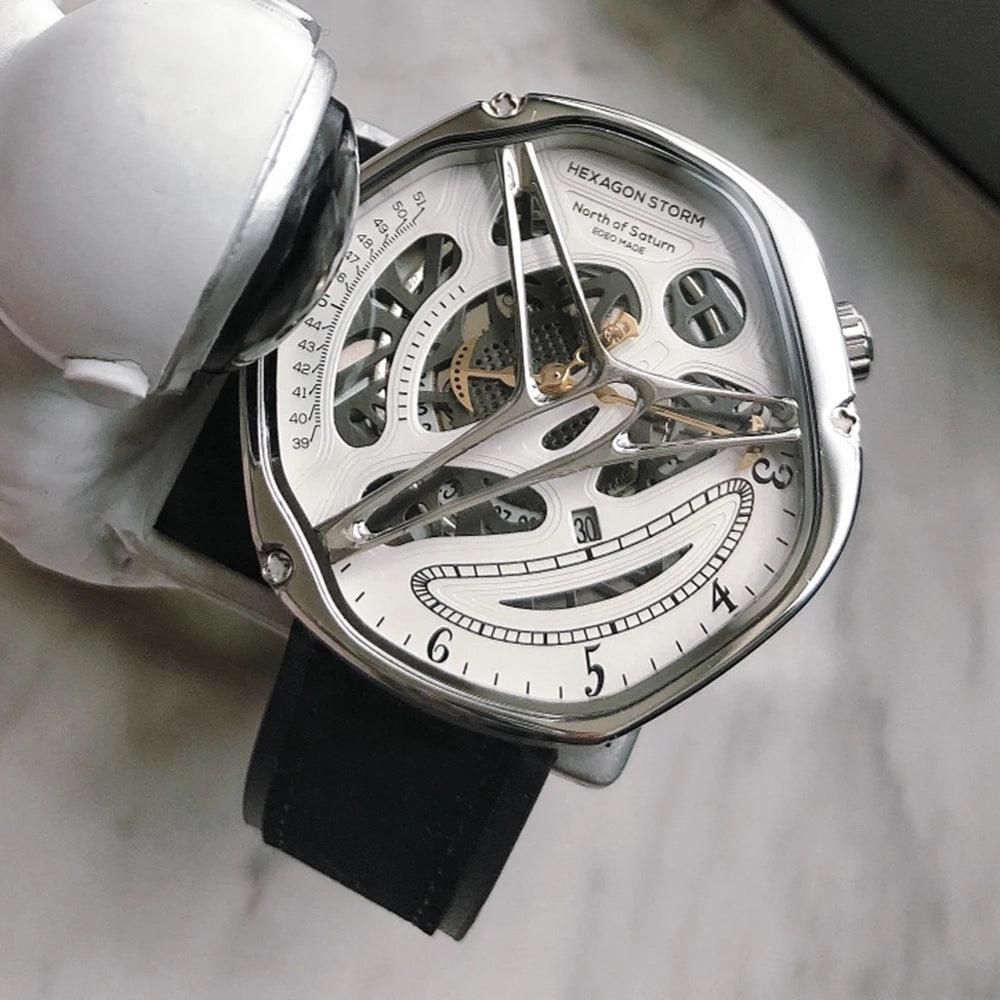 HEXAGON STORM Automatic Men's Watch – 5ATM, Steel & Leather