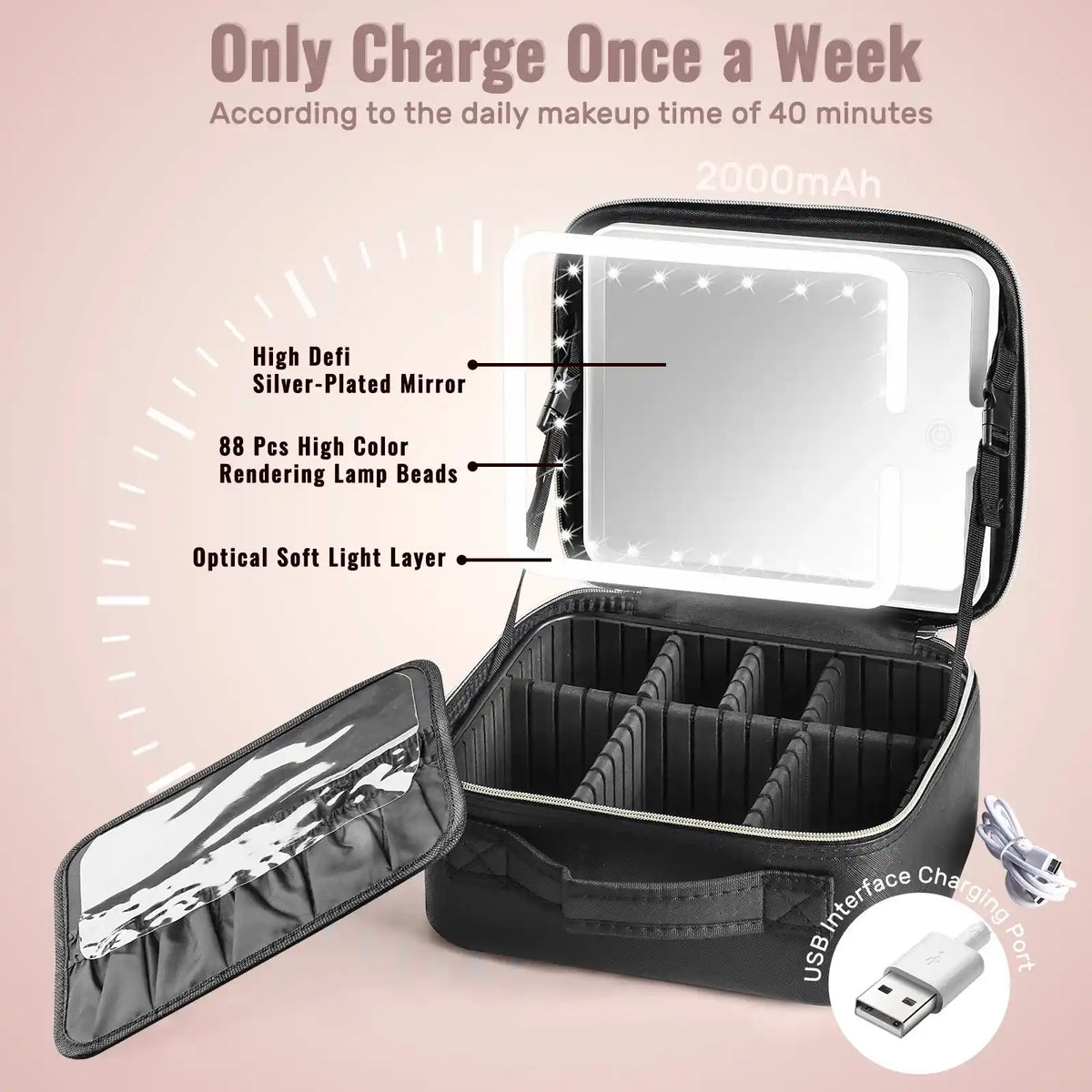LED Mirror Travel Makeup Case with Adjustable Dividers – product image 7