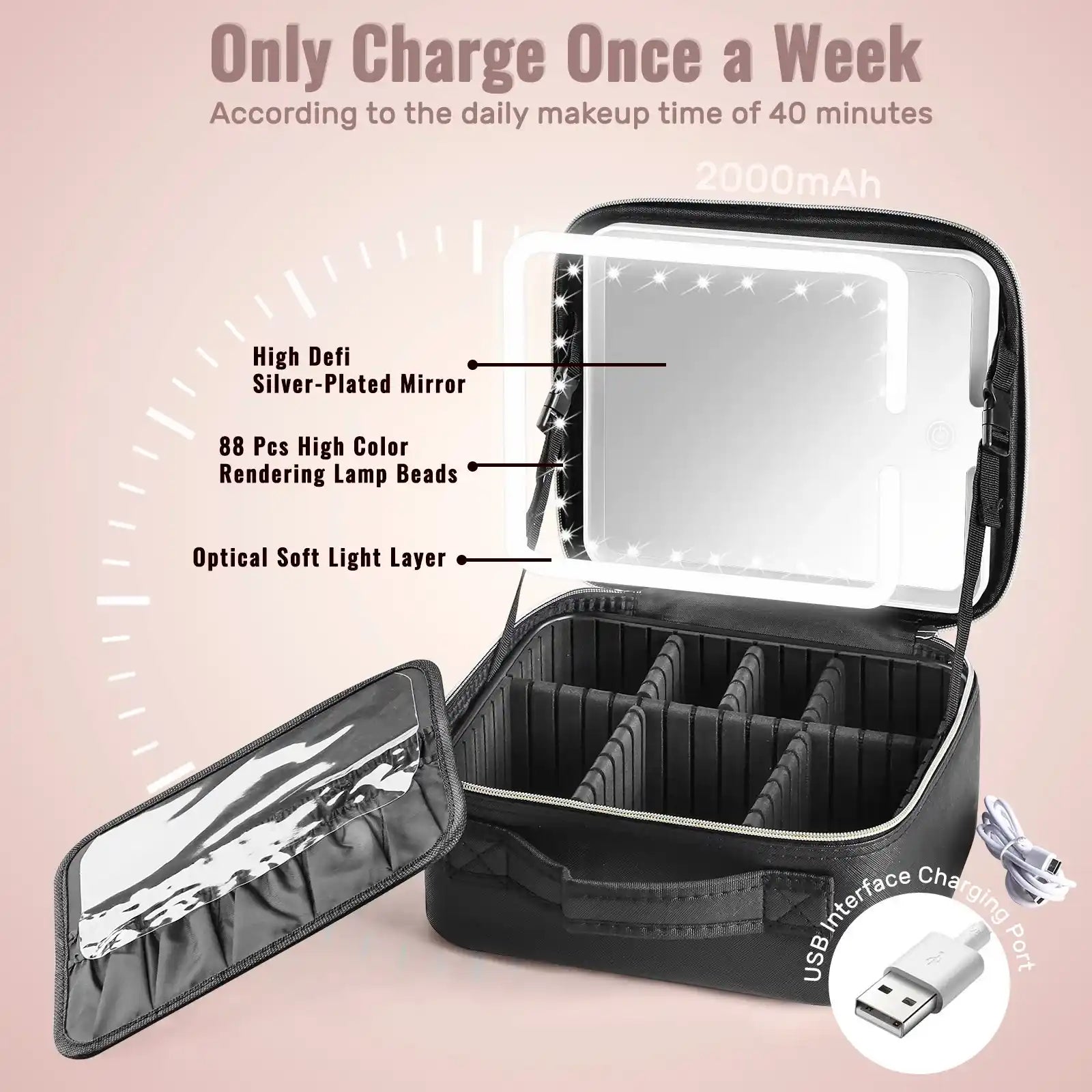 LED Mirror Travel Makeup Case with Adjustable Dividers – product image 7