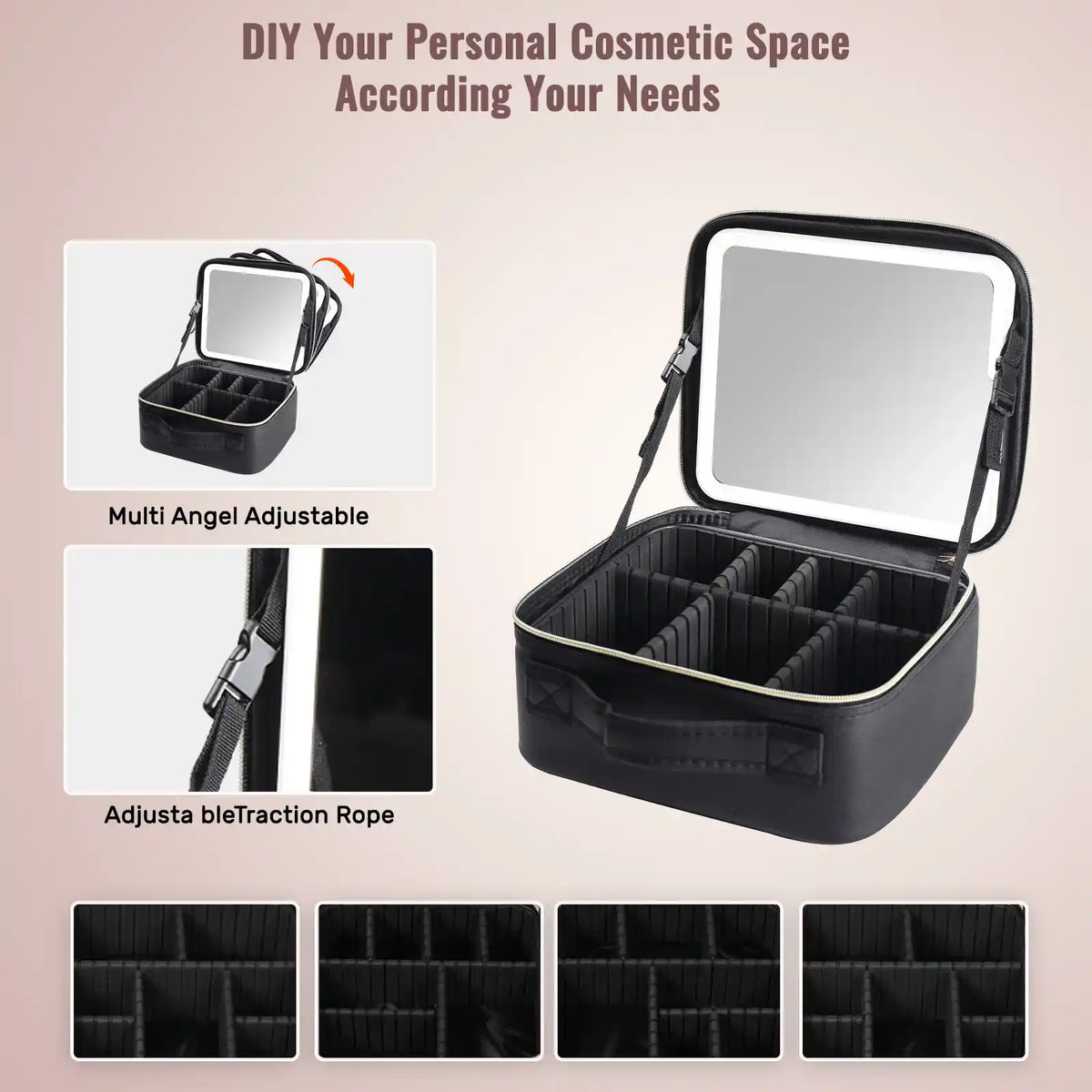 LED Mirror Travel Makeup Case with Adjustable Dividers – product image 8