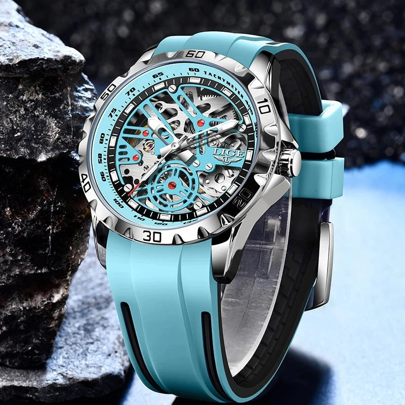 LIGE Skeleton Tourbillon Watch – Auto, Waterproof, Silicone Smash Price Shop Watch