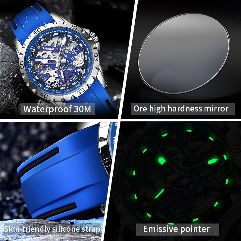 LIGE Skeleton Tourbillon Watch – Auto, Waterproof, Silicone Smash Price Shop Watch