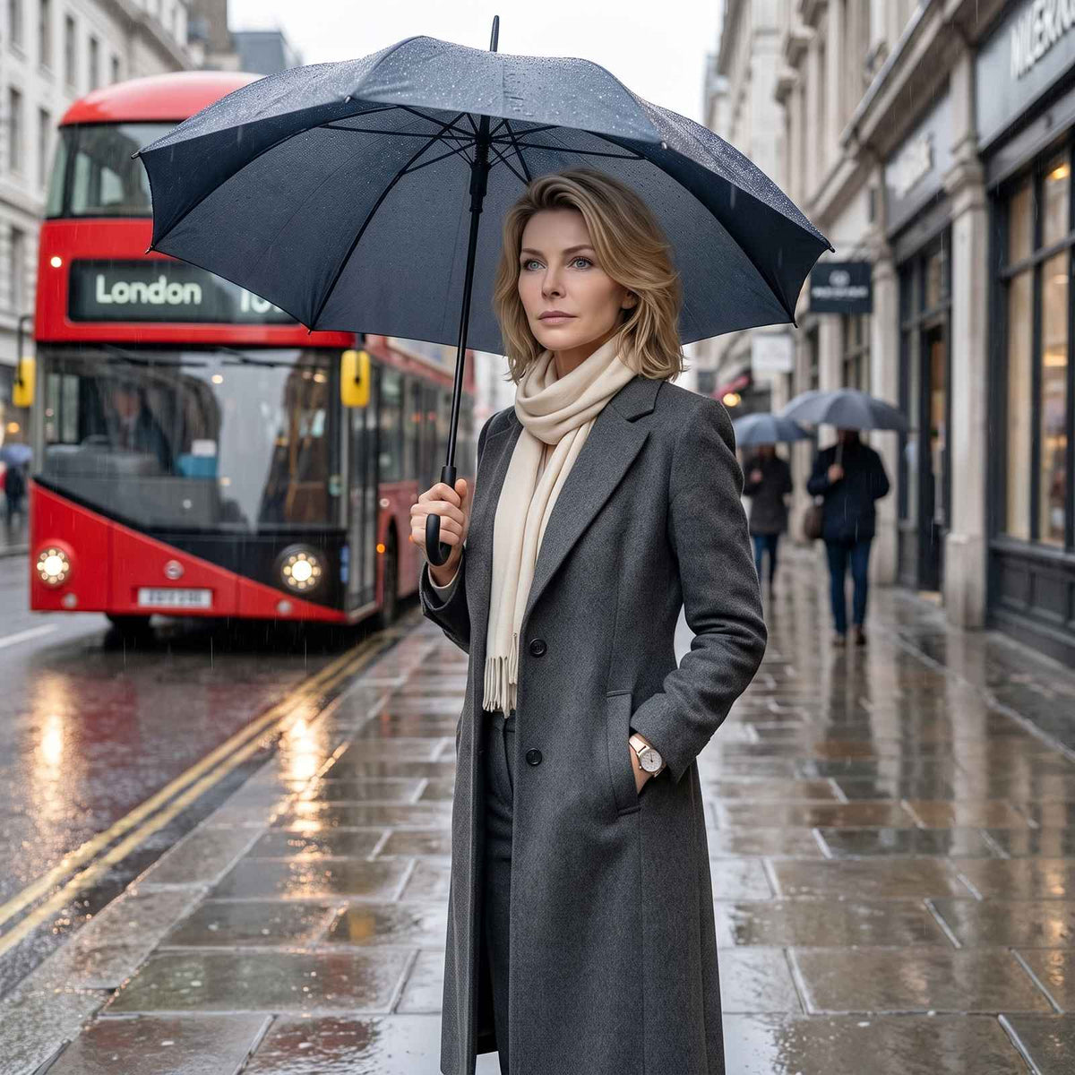 The main subject is a woman holding an umbrella. She's wearing a long gray coat, a light scarf, and has one hand in her