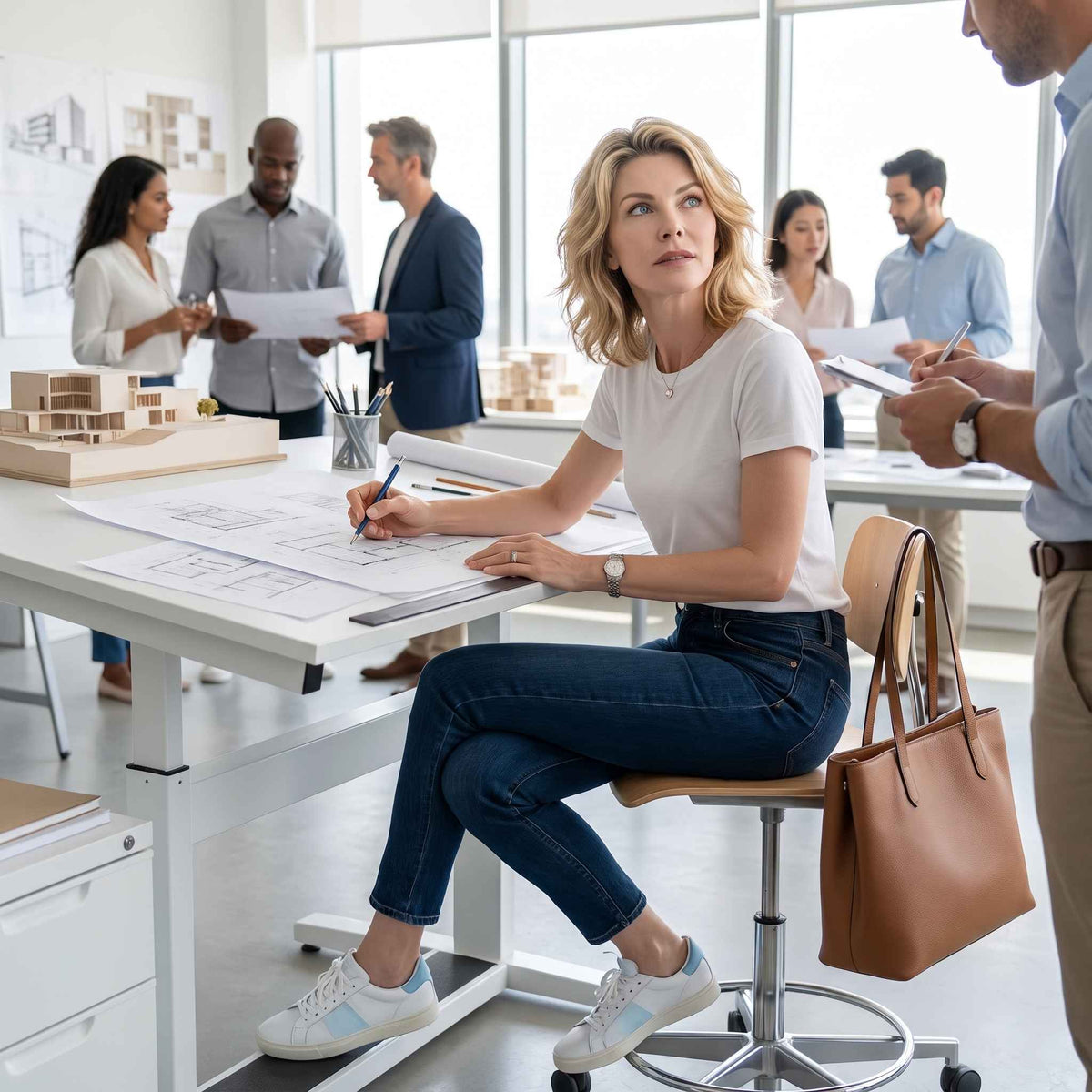 The main subject is a woman sitting at a table, writing on blueprints. She's wearing a white shirt and blue jeans.