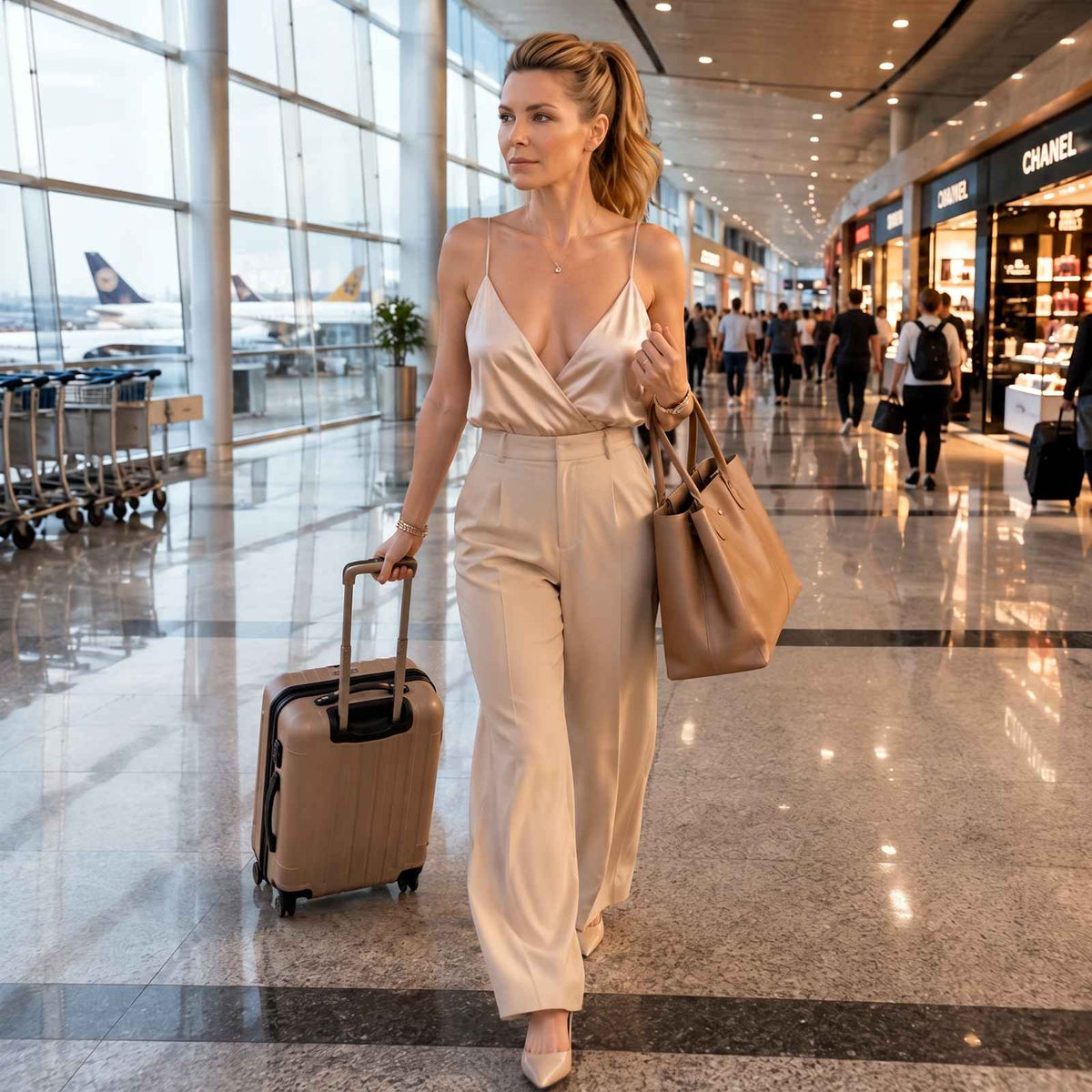 The main subject is a woman walking in an airport. She's wearing a light-colored spaghetti strap top and wide-leg pants