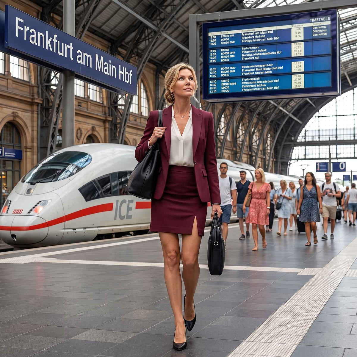 The main visible subject is a woman walking in a train station. She's wearing a maroon blazer, white blouse, maroon skirt
