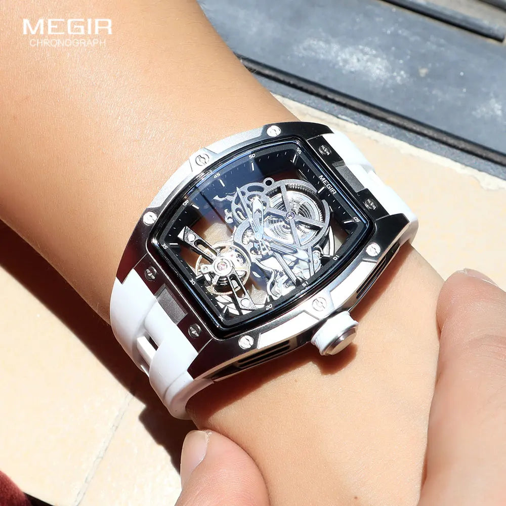 MEGIR Skeleton Automatic Watch – Tonneau Sport Design Smash Price Shop Men's Watch