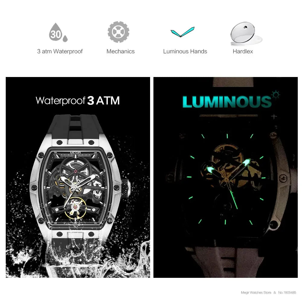 MEGIR Skeleton Automatic Watch – Tonneau Sport Design