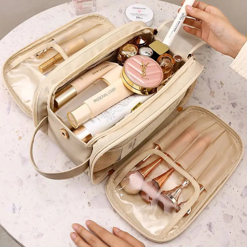 Multifunctional Makeup Bag For Women PU Leather Large Capacity Portable Double Zipper Travel Makeup Brush Toiletries Storage Bag Smash Price Shop