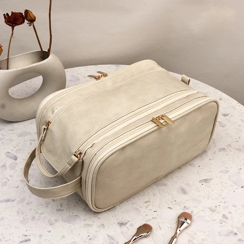 Multifunctional Makeup Bag For Women PU Leather Large Capacity Portable Double Zipper Travel Makeup Brush Toiletries Storage Bag Smash Price Shop