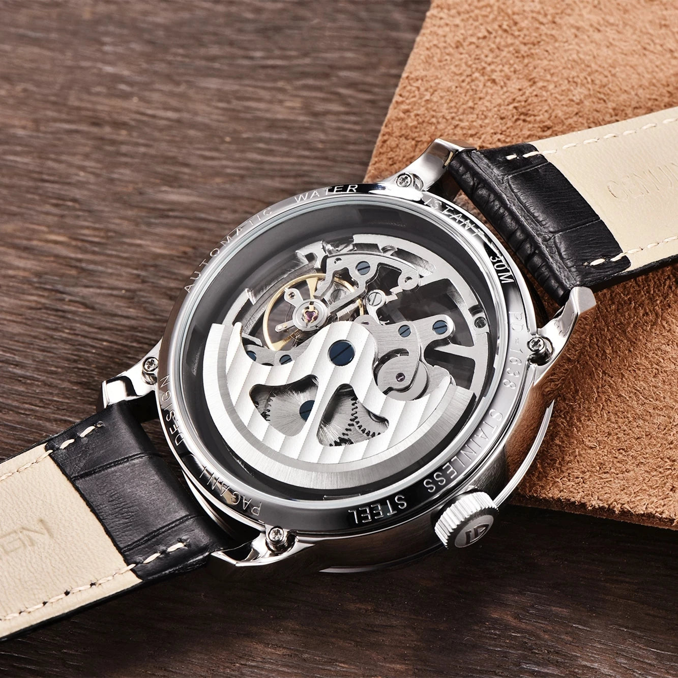 PAGANI DESIGN PD-1638 Skeleton Automatic Watch – 10ATM, Leather Strap
