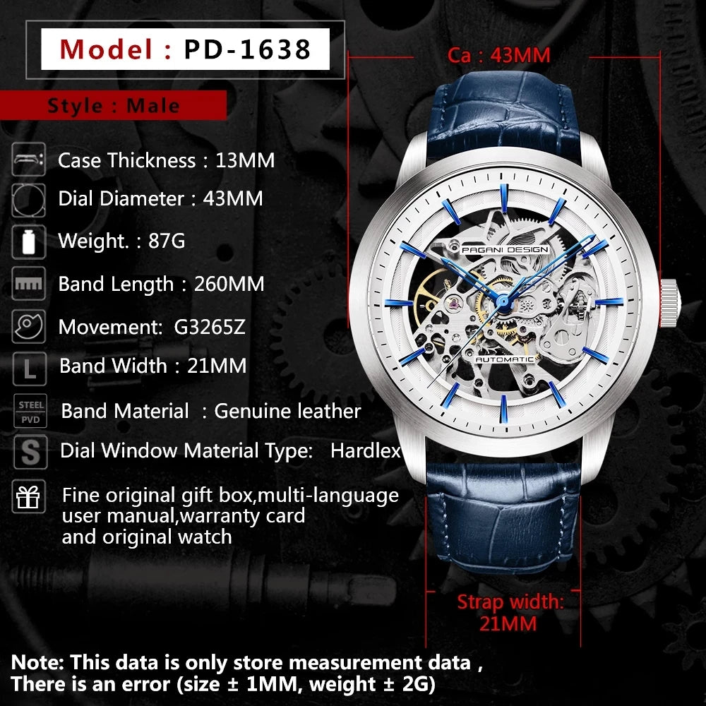 PAGANI DESIGN PD-1638 Skeleton Automatic Watch – 10ATM, Leather Strap