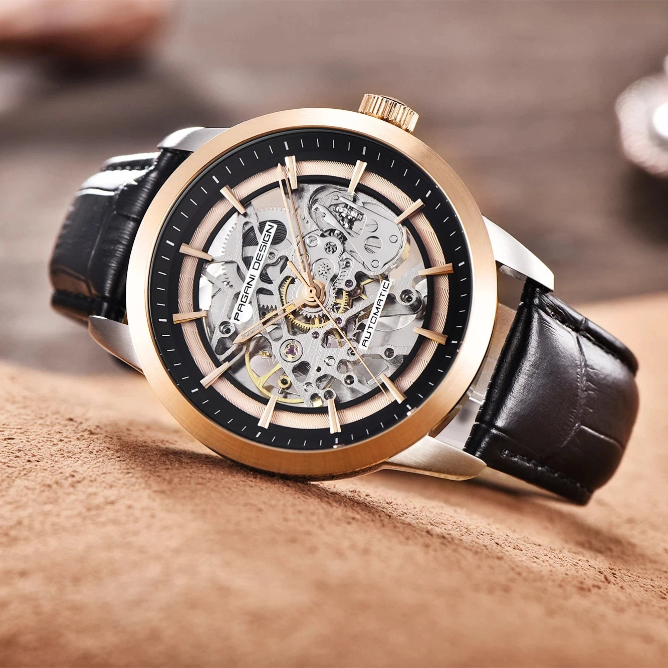 PAGANI DESIGN PD-1638 Skeleton Automatic Watch – 10ATM, Leather Strap Smash Price Shop Men's Watch