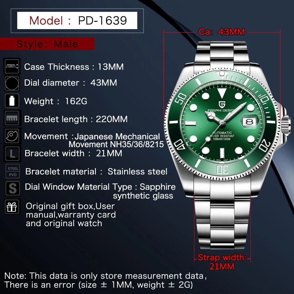 PAGANI DESIGN PD-1639 Automatic Men's Watch – Sapphire & Ceramic