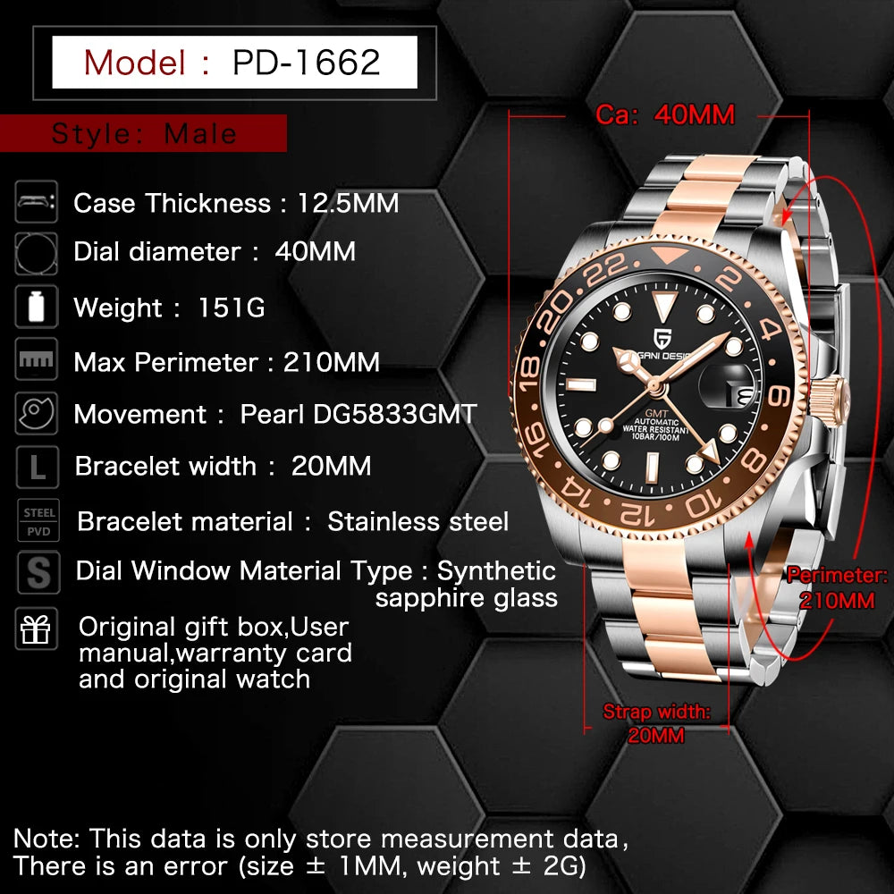 PAGANI PD-1662 GMT Watch – Rose Gold Sapphire Automatic 40MM