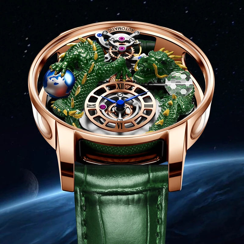 PINDU 3D Dragon Earth Quartz Watch – Celestial Transparent Design