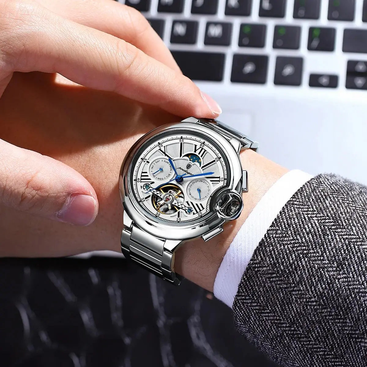 POEDAGAR Tourbillon Automatic Watch – Stainless Steel 45MM