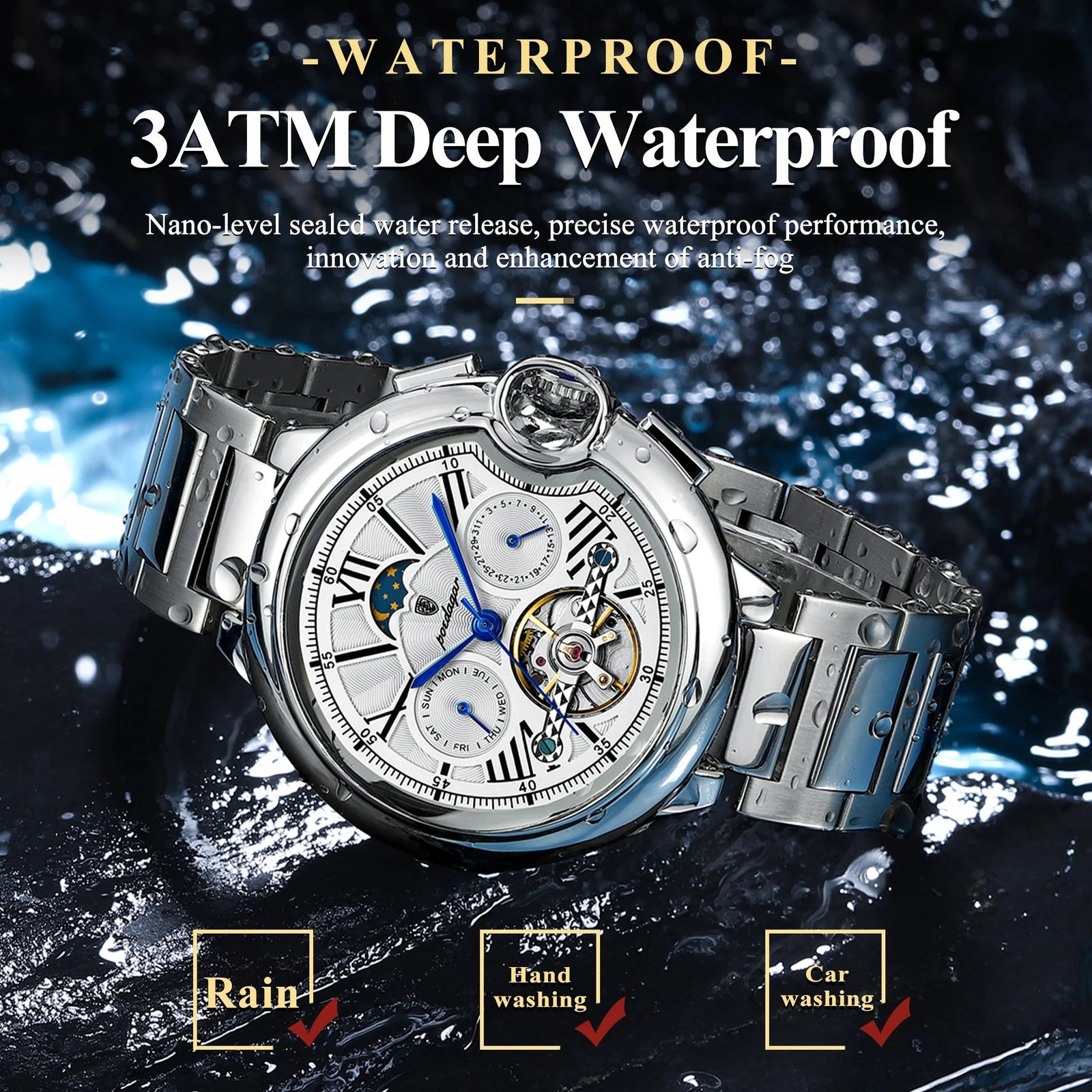 POEDAGAR Tourbillon Automatic Watch – Stainless Steel 45MM