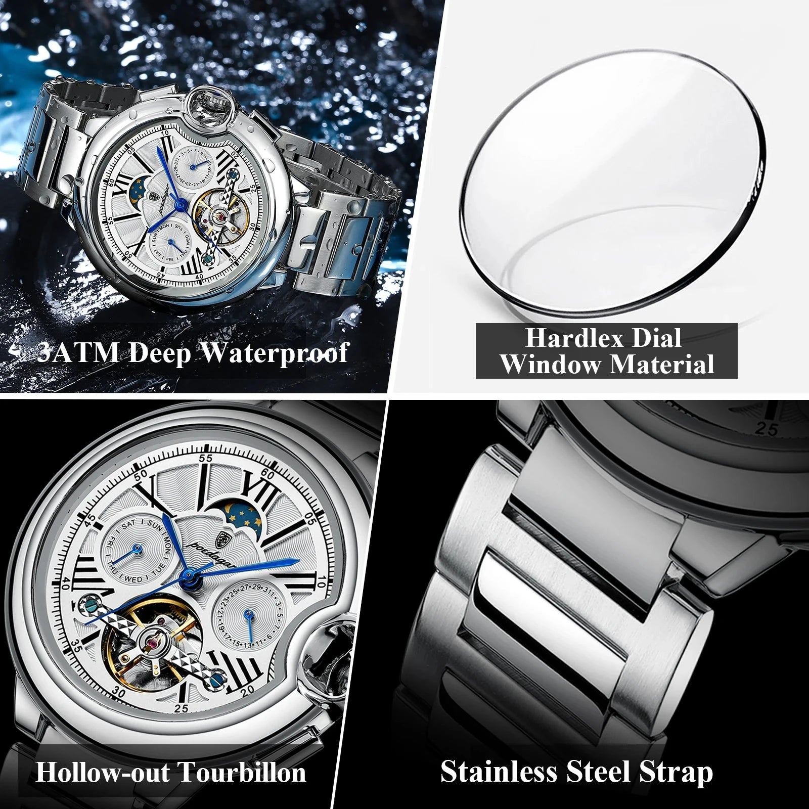 POEDAGAR Tourbillon Automatic Watch – Stainless Steel 45MM