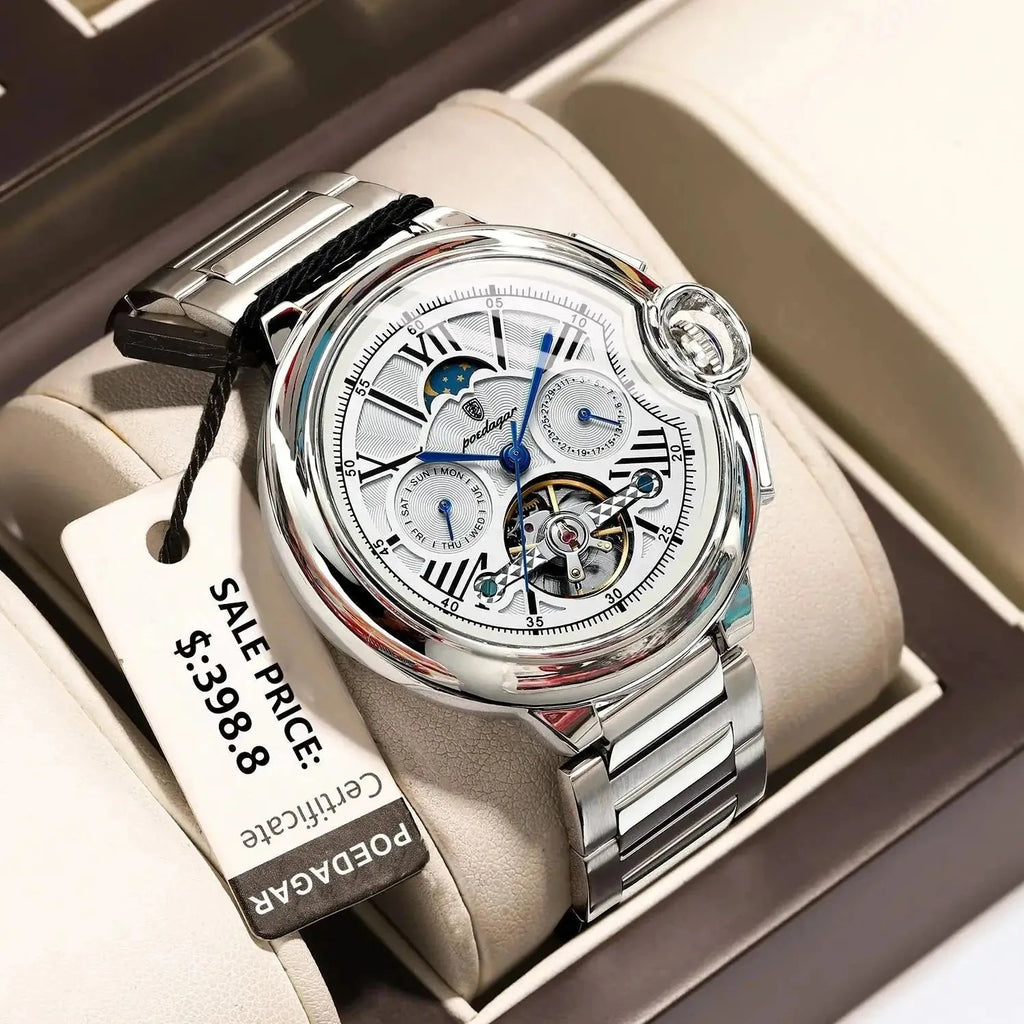 POEDAGAR Tourbillon Automatic Watch – Stainless Steel 45MM