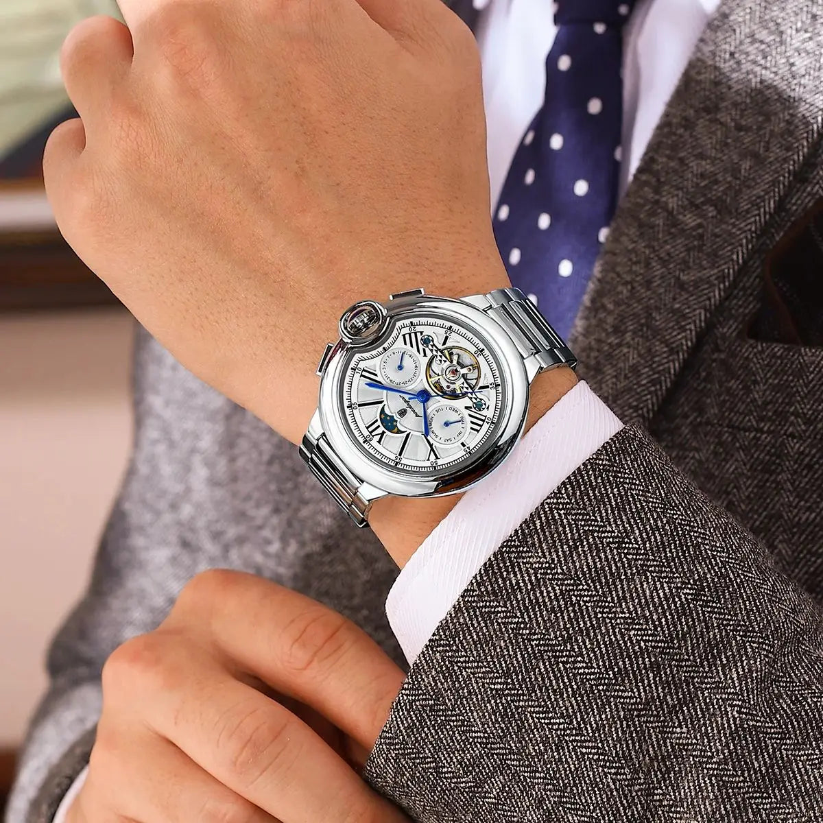 POEDAGAR Tourbillon Automatic Watch – Stainless Steel 45MM Smash Price Shop Men's Watch