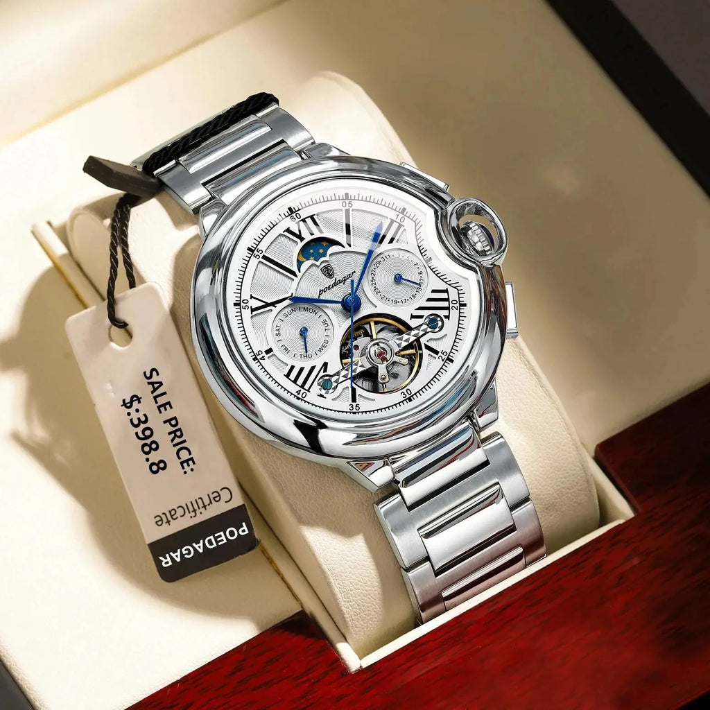 POEDAGAR Tourbillon Automatic Watch – Stainless Steel 45MM