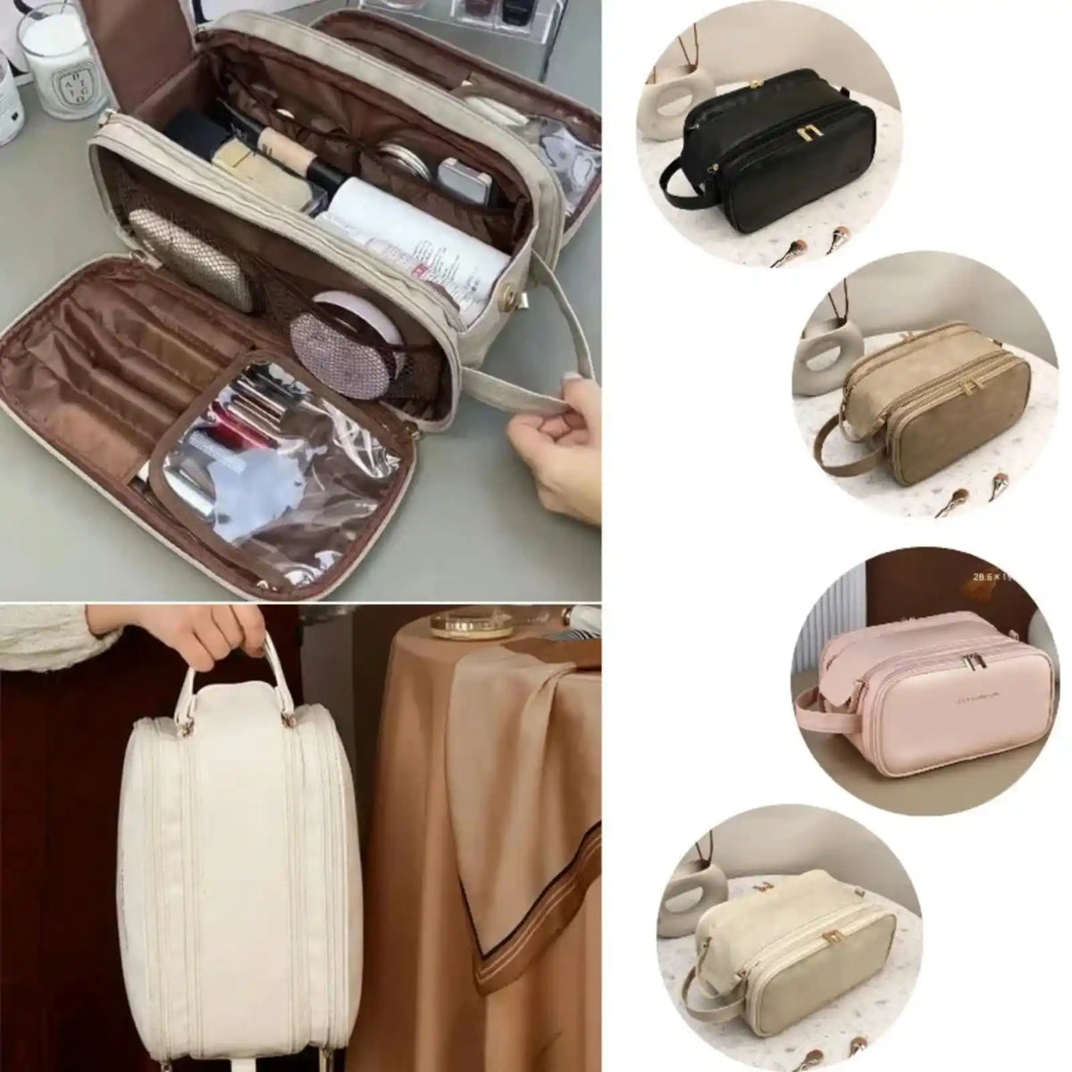 PU Leather Double-Zip Travel Makeup Bag