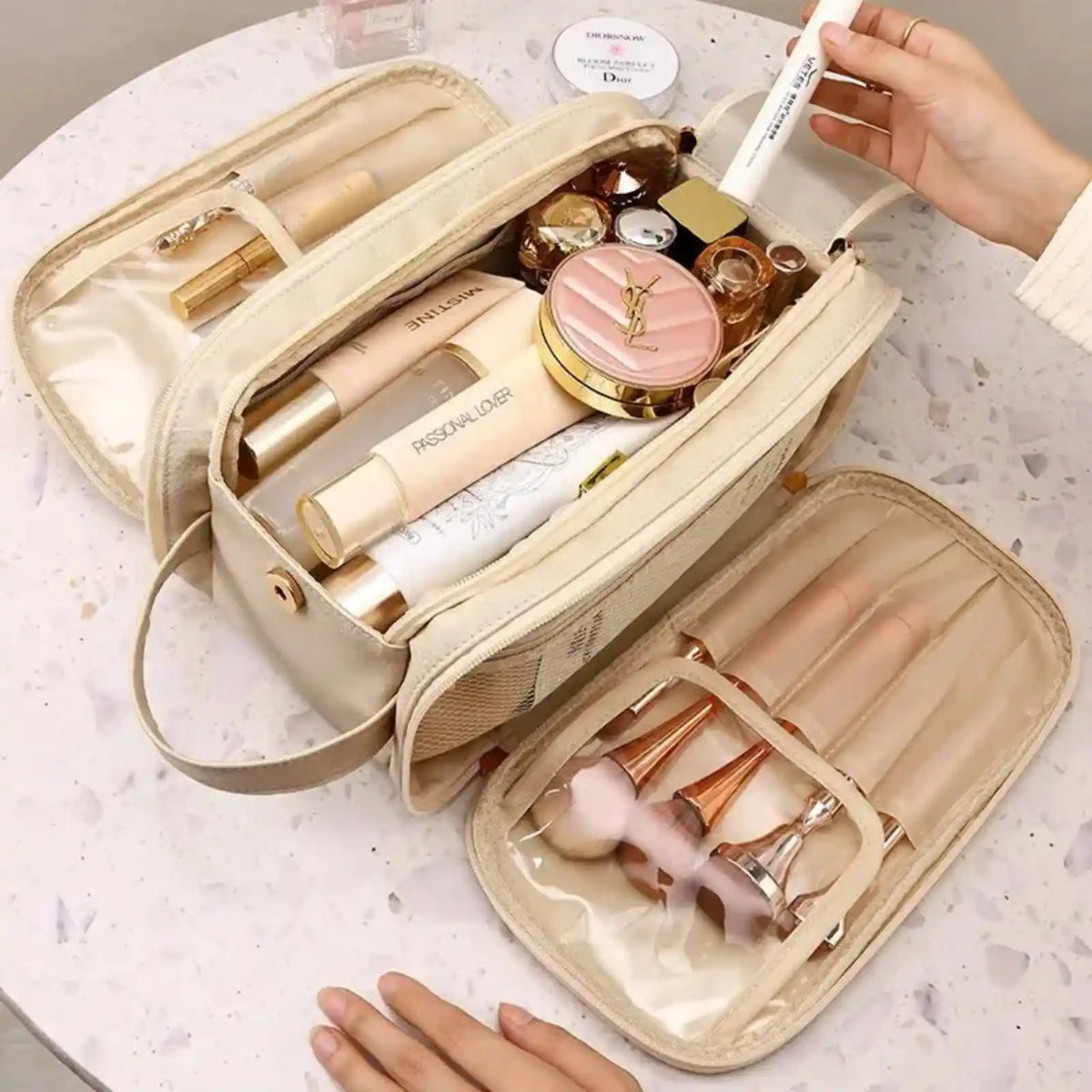 PU Leather Double-Zip Travel Makeup Bag