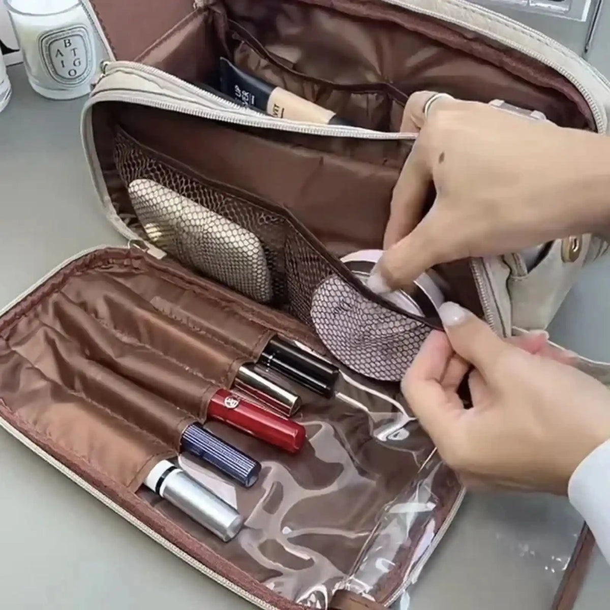 PU Leather Double-Zip Travel Makeup Bag