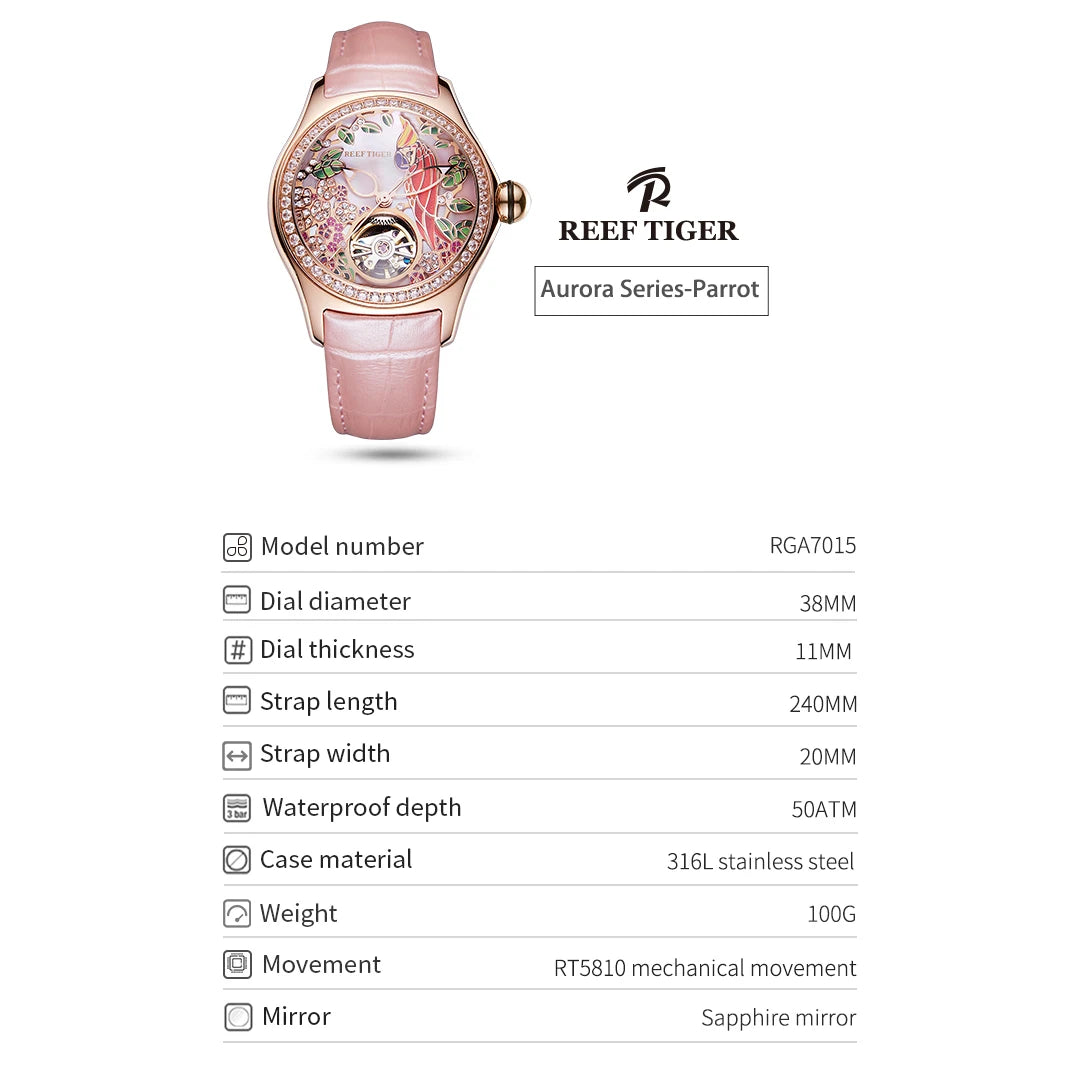 Reef Tiger RGA7105 Ladies Skeleton Watch – 3D Dial, Automatic