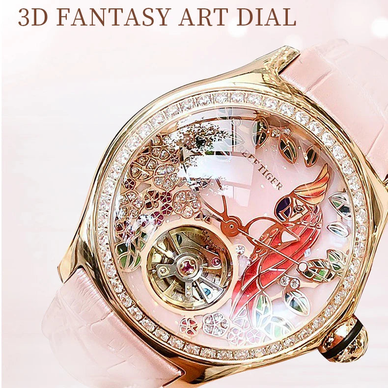 Reef Tiger RGA7105 Ladies Skeleton Watch – 3D Dial, Automatic