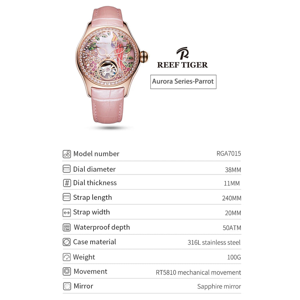 Reef Tiger RGA7105 Ladies Skeleton Watch – 3D Dial, Automatic