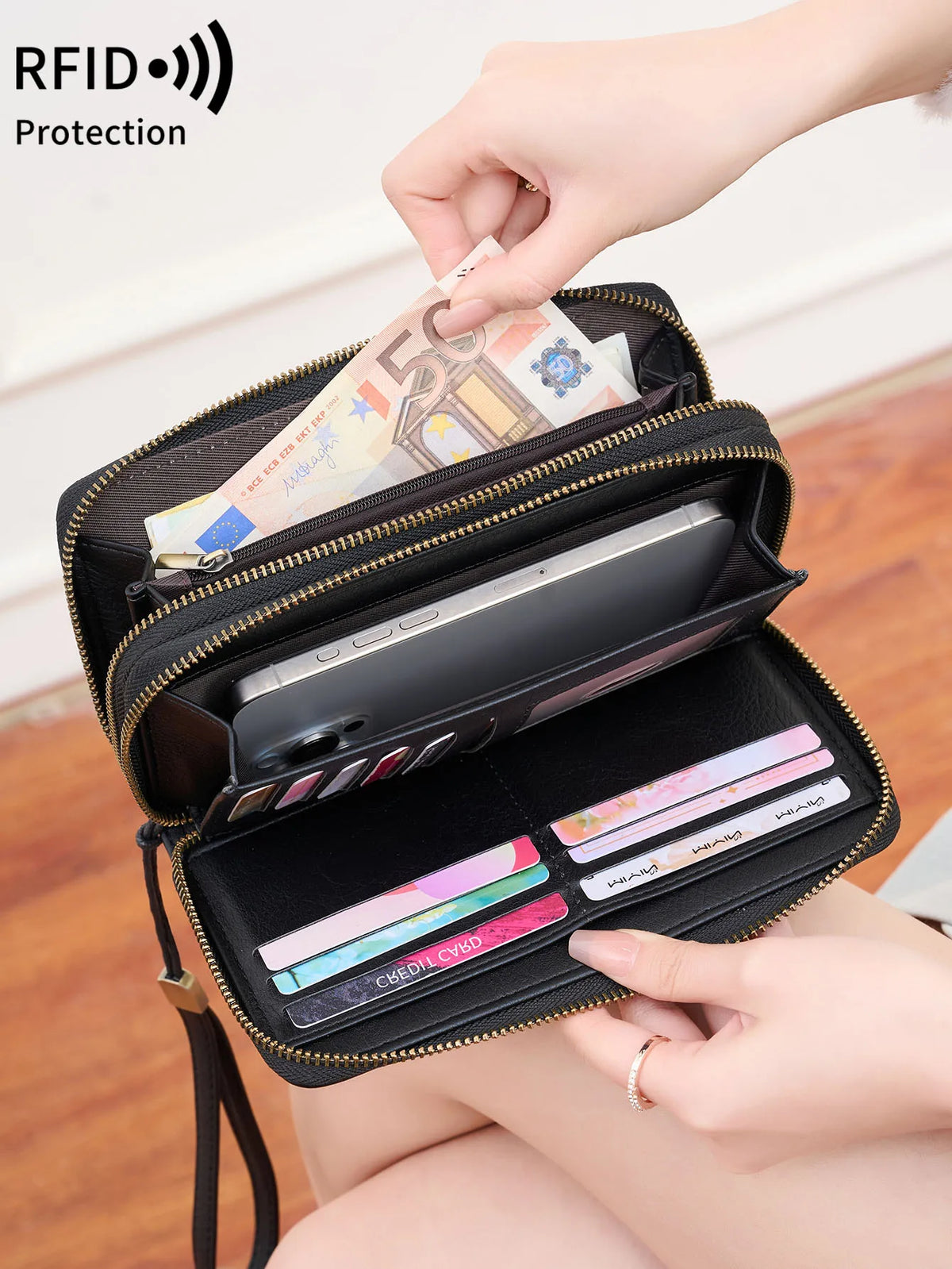 RFID Blocking Double-Zip Long Wallet – product image 5