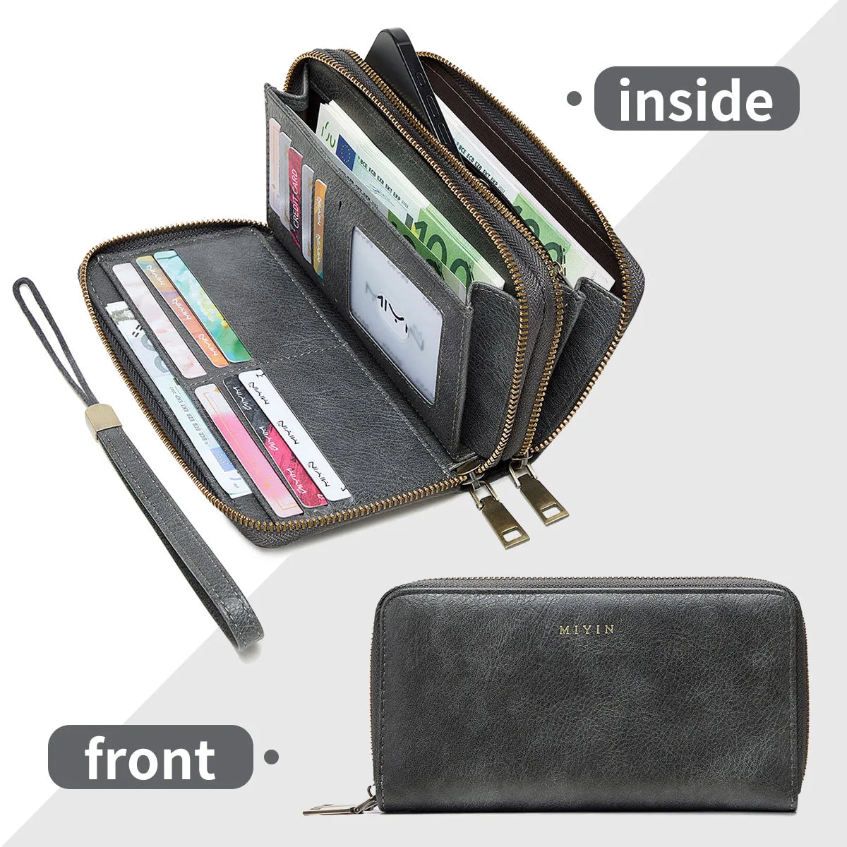 RFID Blocking Double-Zip Long Wallet in QB381-Gray – product image 7