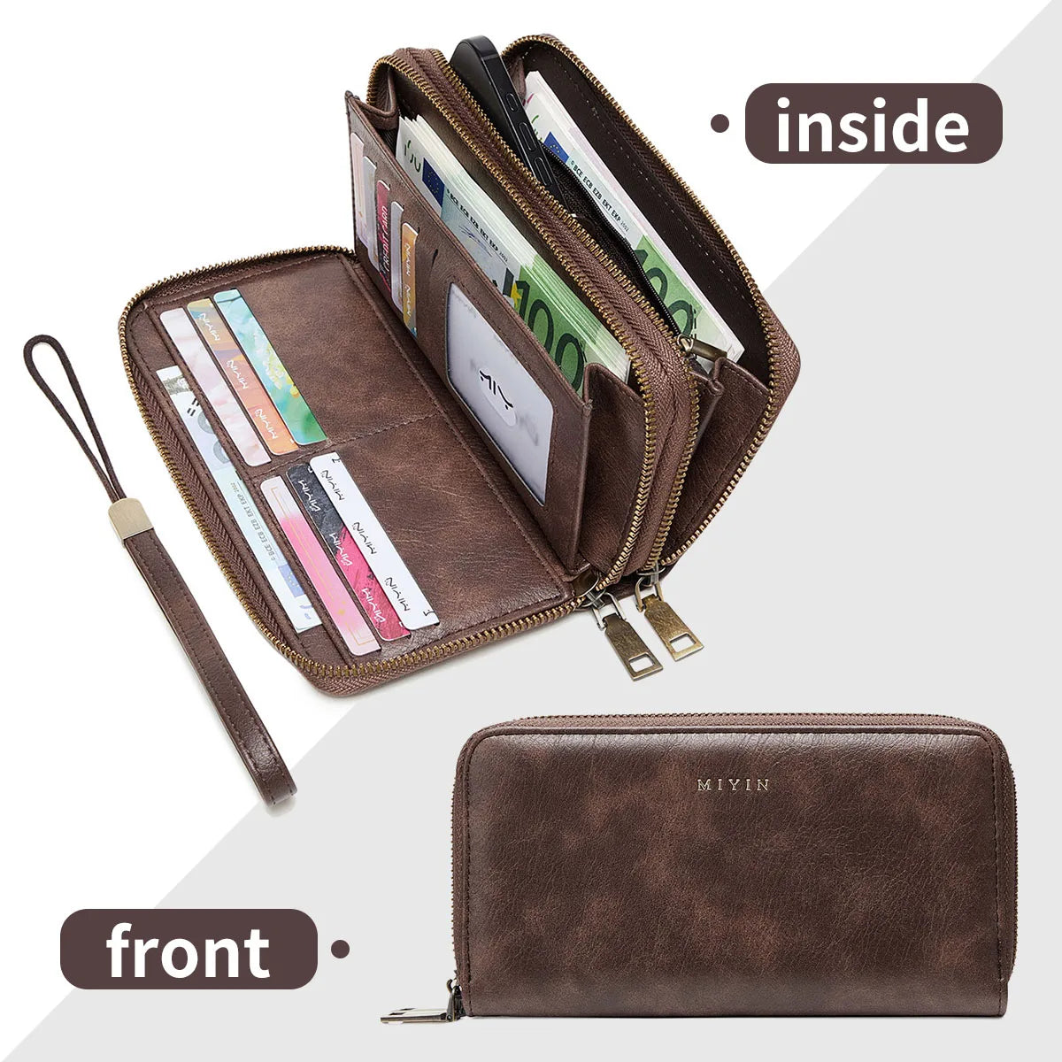 RFID Blocking Double-Zip Long Wallet in QB381-Coffee – product image 9