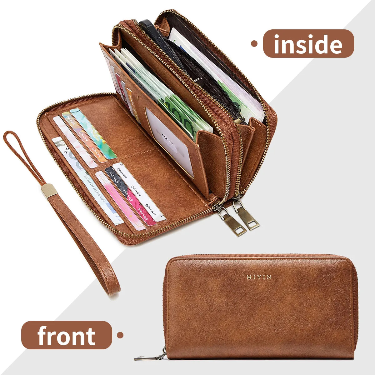 RFID Blocking Double-Zip Long Wallet in QB381-Borwn – product image 13