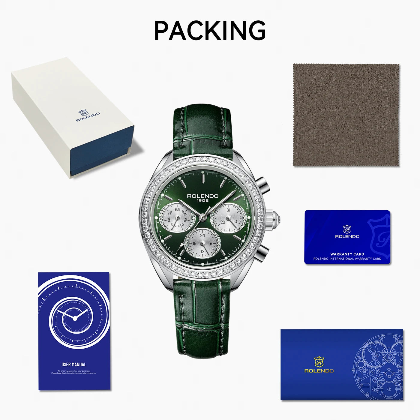 ROLENDO RL7107 Women’s Automatic Watch – Emerald Dial Diamond Luxury Smash Price Shop Women's Watch