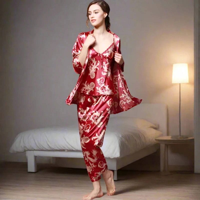 SPS - 3 Pcs Floral Silky Sleepwear