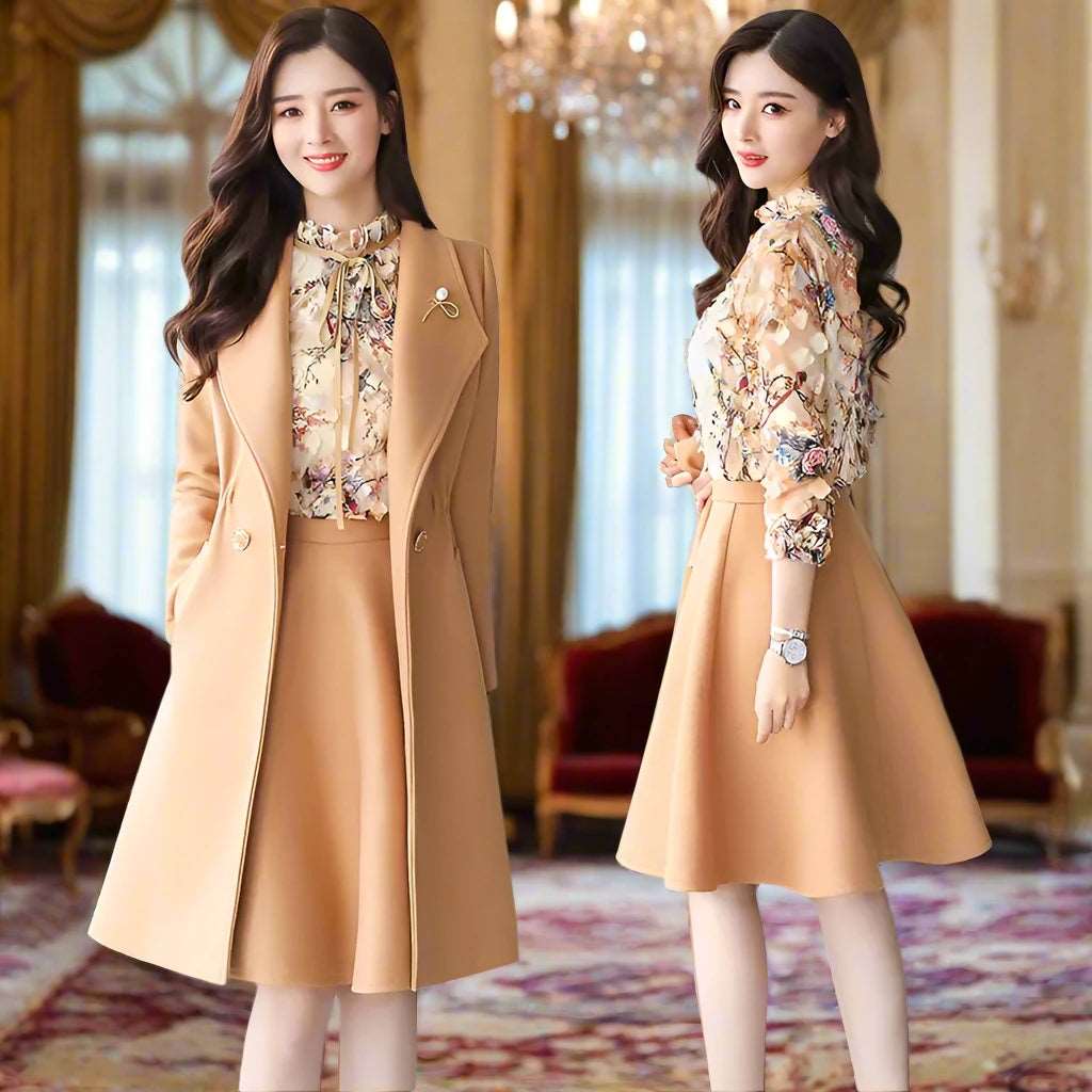 SPS - 3-Piece Woolen Coat & Skirt Set