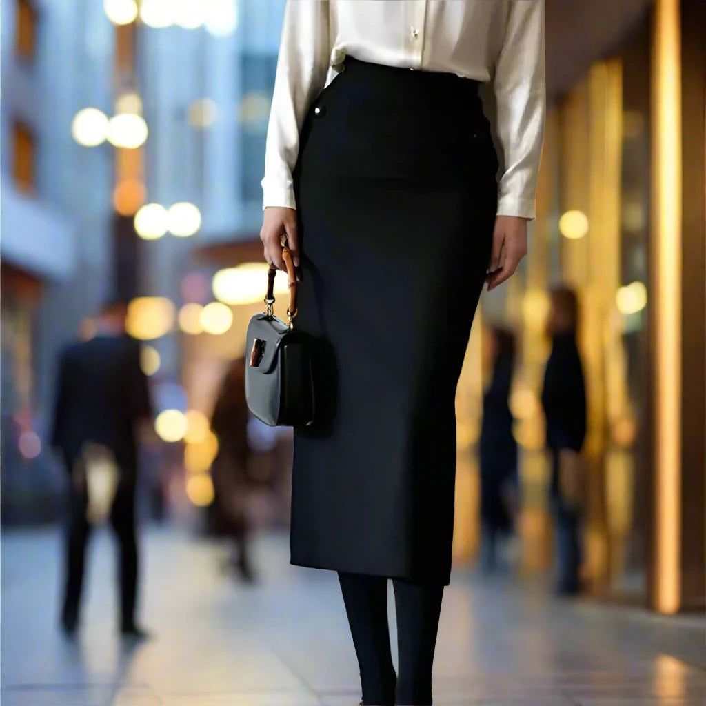 SPS - 66-78cm High Waist Black Wool Skirt Fall Winter Women Vintage Sexy Back Slit Skirt Elegant Slim All Match Woolen Long Wrap Skirt