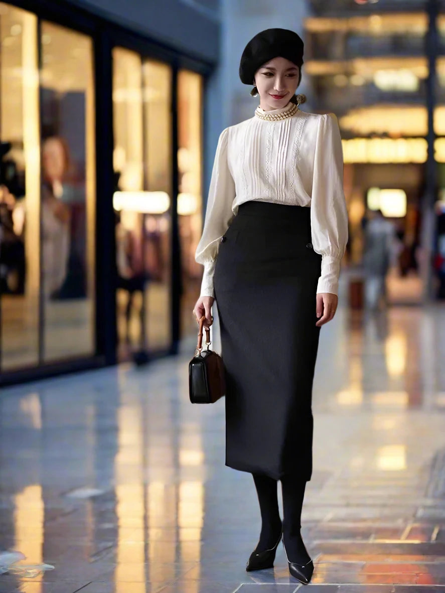 SPS - 66-78cm High Waist Black Wool Skirt Fall Winter Women Vintage Sexy Back Slit Skirt Elegant Slim All Match Woolen Long Wrap Skirt